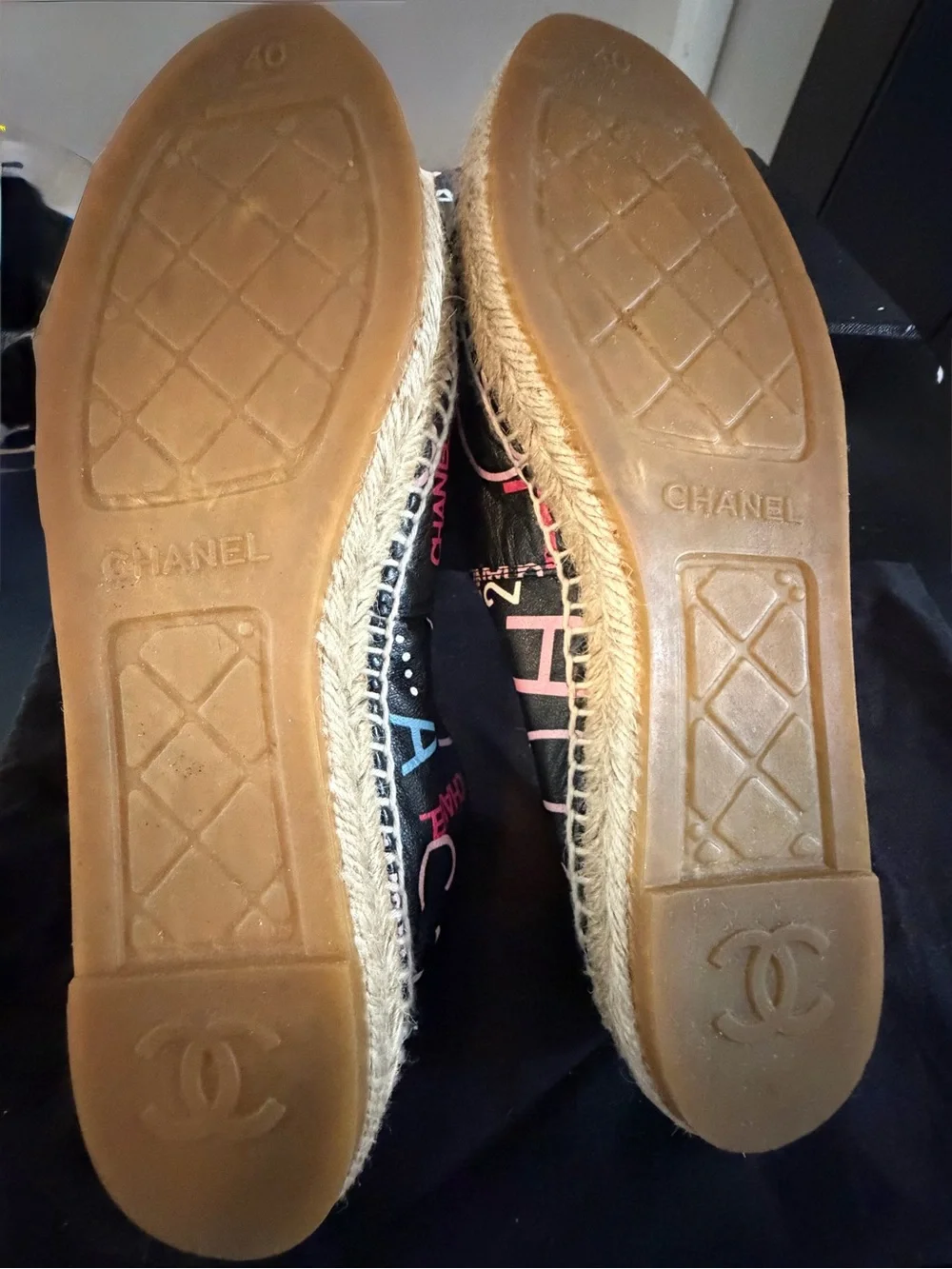 Authentic CHANEL Black Canvas Espadrilles with Pink & Blue Logo Print